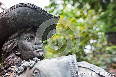 d'Artagnan Statue face detail in the Aldenhofpark Maastricht, Netherlands Editorial Stock Photo