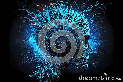 3d artificial intelligence brain on blue background. Artificial engineering, machine learning technics concept Cartoon Illustration