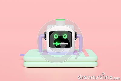3d Artificial Intelligence, Machine Learning with robot reading book isolated on pink background. education, knowledge creates Cartoon Illustration