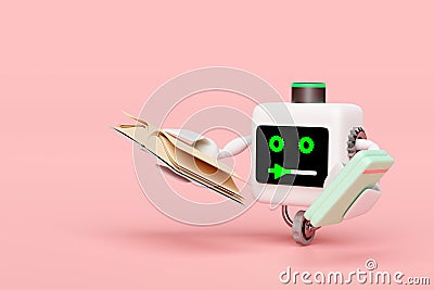 3d Artificial Intelligence, Machine Learning with robot reading book isolated on pink background. education, knowledge creates Cartoon Illustration