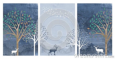 3d artwork canvas wallpaper. blue, turquoise, and cyan landscape background. white birds, tree and deer Stock Photo