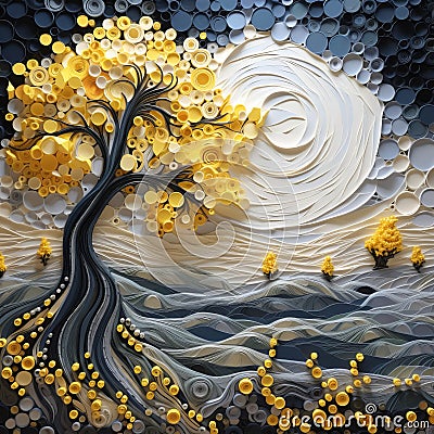 Soothing Landscapes: Majestic Tree Carving In Yellow And Blue Stock Photo