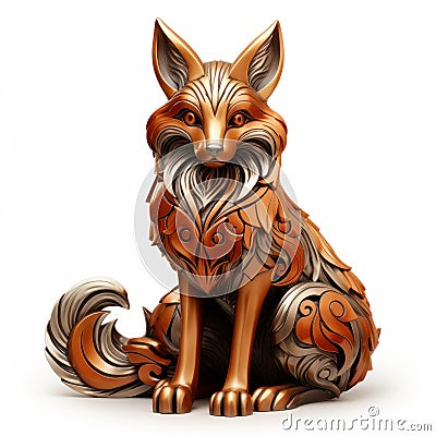 Intricate Art Nouveau Fox Figurine: 3d Rendering With Metal Texture Cartoon Illustration