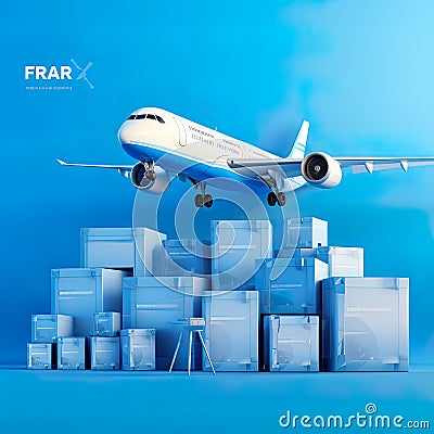 3D, as an airplane soars over a sea of cargo boxes, showcasing the complexities of global transportation. Stock Photo