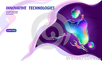 3D augmented reality virtual media space. Small men around glowing neon fluid liquid color sphere. Digital entertainment Vector Illustration