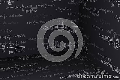 3d background of equations and formulas for mathematics, algebra, logarithms and derivatives, science and engineering background Stock Photo