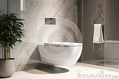 3d background wall beige sunlight floor tile granite bathtub white holder paper tissue bidet partition glass reeded flush dual se Stock Photo