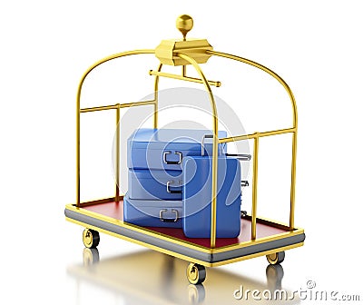 3d Baggage cart with blue suitcases. Stock Photo