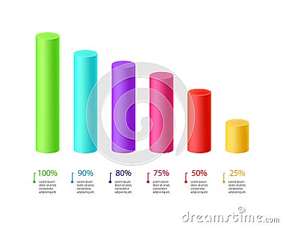 3d Bar chart, graph diagram color cylinder statistical business infographic vector illustration. Vector Illustration