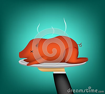 3D Barbecued suckling pig on waiter hand, vector Vector Illustration