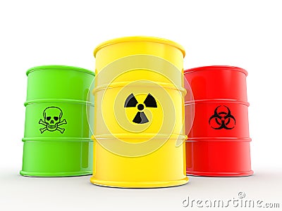3d barrels with radiations bio hazard and toxic material symbols Stock Photo