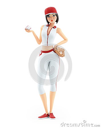 3d baseball girl with glove holding ball Cartoon Illustration