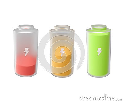 3D Battery charge indicator icons, vector graphics. Universal charging base. Progress of charging battery. Levels charge Vector Illustration