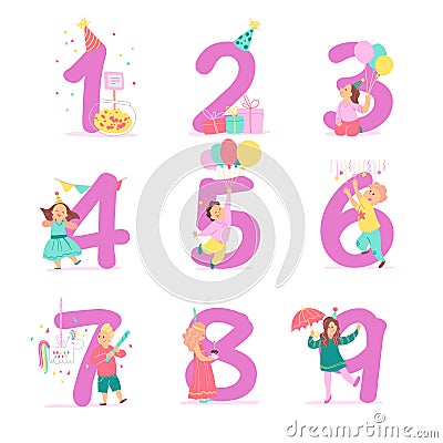 Vector collection of birthday party numbers with happy kid characters celebrating and party hats, gifts, candy, pinata, decor elem Vector Illustration