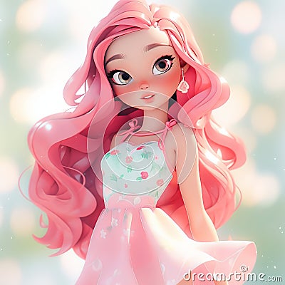 3D beautiful girl long hair long in pink skirt generative AI Stock Photo