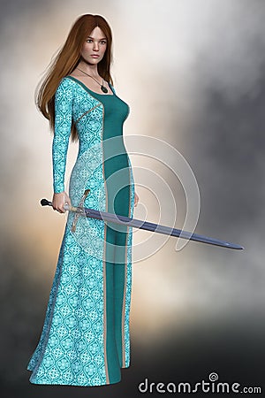 3D beautiful medieval woman holding a sword. Particularly suited to book cover art and design in the historical and highlander Stock Photo