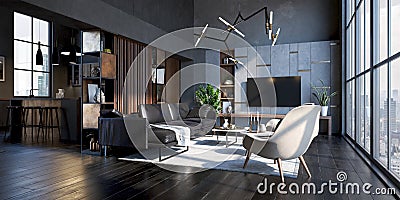 3d beautiful modern interior render, open space and natural light Stock Photo