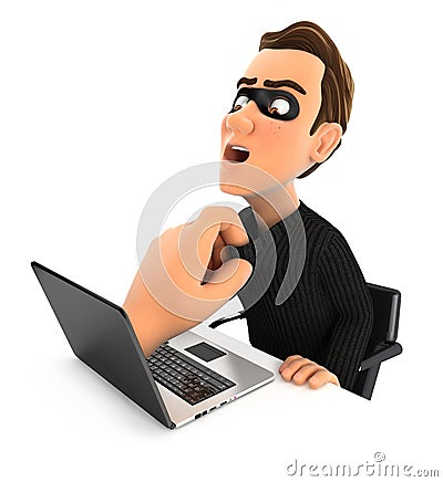 3d big hand catching hacker through a laptop Cartoon Illustration