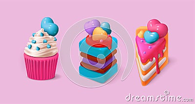 3d birthday cake. Cupcake glossy icon, valentine day sweet realistic dessert, confectionery for anniversary. Tasty sweet Vector Illustration