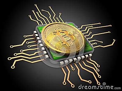 3d bitcoin with cpu Cartoon Illustration