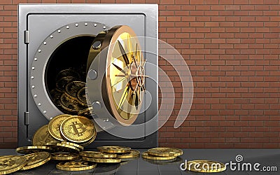3d bitcoins heap over red bricks Cartoon Illustration
