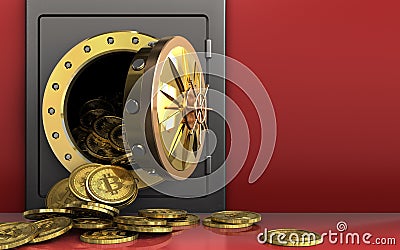 3d bitcoins heap over red Cartoon Illustration