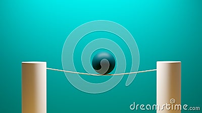 3d black ball balancing on a tightrope between two white pillars Cartoon Illustration