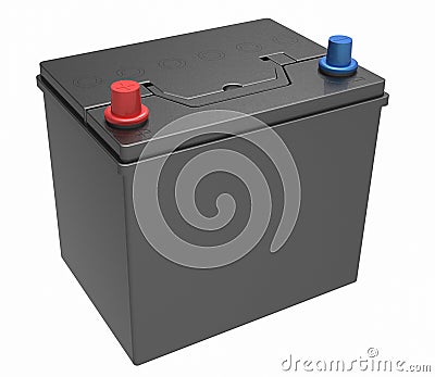 3D black car battery with red and blue terminals on white Stock Photo