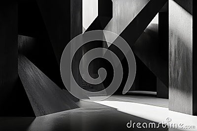 A 3D black interior with sharp, angular forms and a matte finish. The deep shadows and geometric Stock Photo