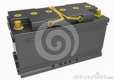 3D black truck battery with yellow handles and yellow terminals Stock Photo