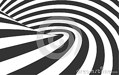 3D black white lines, perspective swirl, digital abstract twirl. Twist spiral vector background. Perspective lines loop Vector Illustration