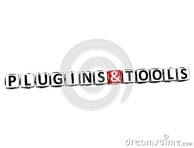 3D Block Text PLUGINS AND TOOLS over white background. Stock Photo