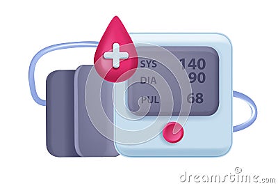 3D blood pressure icon, heart rate machine, hypertension medical check vector device, button, screen. Vector Illustration