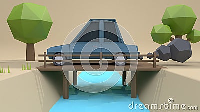 Blue car low poly cartoon style on wood bridge-country road with smoke soft brown background 3d rendering,fast driving concept Stock Photo