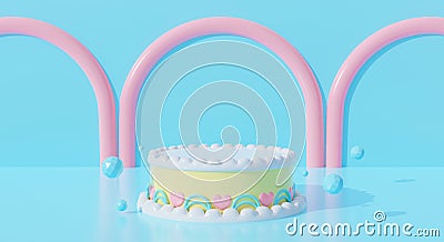 3d blue podium background abstract candy dessert cake cartoon. Creative ideas minimal summer food. 3d rendering for pastel banner Stock Photo