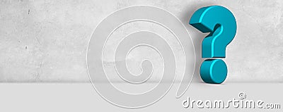 3D Blue Question Mark Banner Concept. horizontal white textured wall background with 3D Rendering Turquoise Question Stock Photo