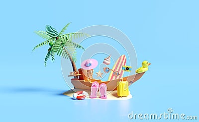 3d boat with helm, stern wheel, suitcase, palm tree, lifebuoy, yellow duck, island, camera, surfboard, sandals isolated on blue Cartoon Illustration