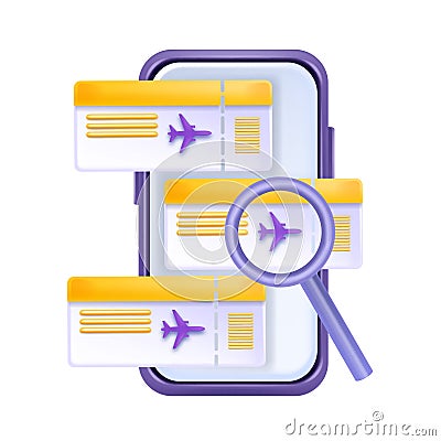 3D book flight, travel ticket search vector concept, airline promotion voucher offer online purchase. Vector Illustration