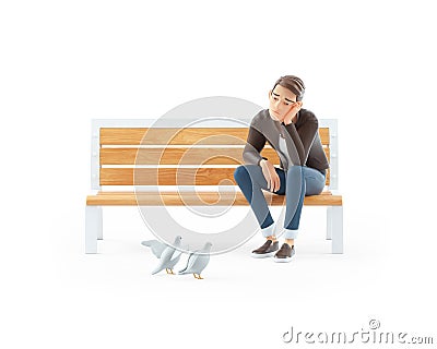 3d bored cartoon man sitting on public bench Cartoon Illustration