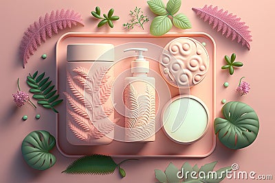 3d bottles view - cream, tonic, lotion variety on pink background with leaves and plants. Perfect for cosmetic product display or Stock Photo