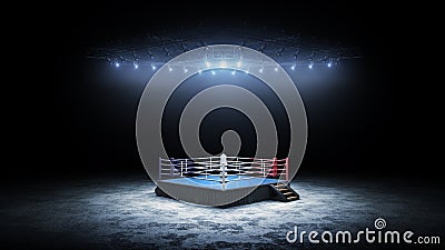 3D boxer arena. Isolated empty boxing ring with light. 3D rendering. Boxing ring with illuminated spotlights Stock Photo