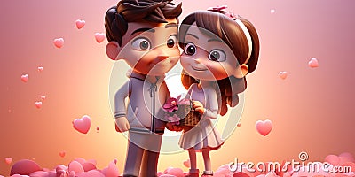 3D Boy and Girl With Flower - Cute Couples in Valentine's Day Stock Photo