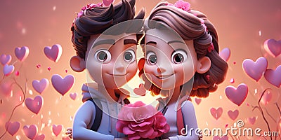 3D Boy and Girl With Flower - Cute Couples in Valentine's Day Stock Photo