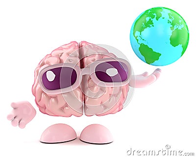 3d Brain character holds a globe of the Earth Stock Photo