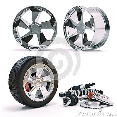 3d brakes, shock absorber and wheel Stock Photo