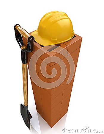 3D brickwork, yellow safety helmet and shovel. Construction concept. Workplace Cartoon Illustration