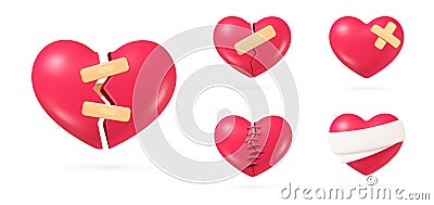 3d broken hearts. Injury healing heart, couple separation hurt divorce wound love or romantic relationship break concept Vector Illustration