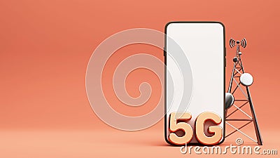 3D Bronze 5G Text With Empty Smartphone Screen, Cell Site Tower On Orange Background And Copy Stock Photo