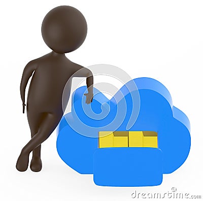 3d brown character presenting a opened drawer in a cloud containing arranged stack of folders - cloud storage Stock Photo