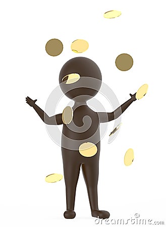 3d brown character standing and raising both hands when golden coin,s falls Stock Photo